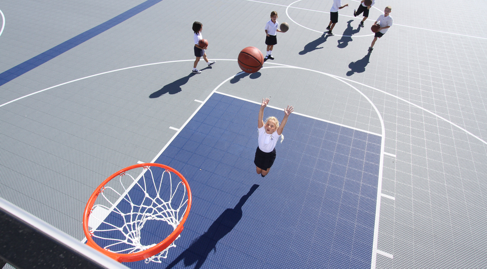 Grey and blue basketball court