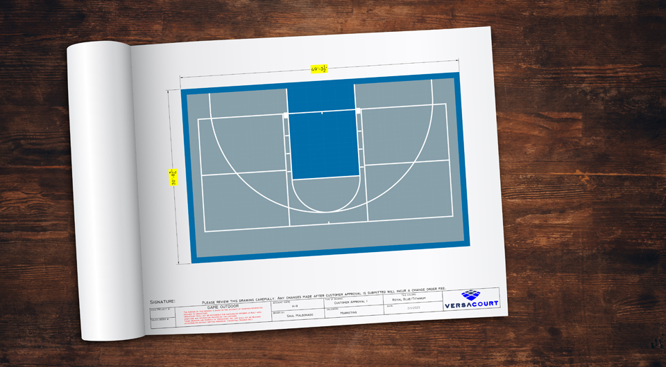 CAD drawing of a combination basketball-pickleball multi-sport game court